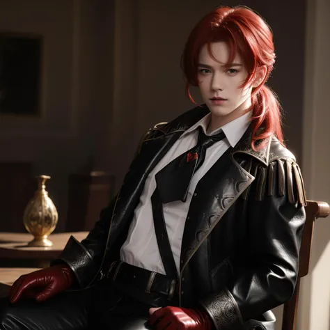 1boy, bangs, long hair, bright red hair, ponytail, hair between eyes, soft smile, leather gloves, gold trim, leather jacket, leather ascot, leather shirt, leather pants, tight-fitting suit, <lora:OnlyCocks_v1.0:0.5>, penis, erection, depth of field, gorgeous background, formal, indoors, looking at viewer, male focus, solo, masterpiece, best quality, high quality, detailed hair, detailed face, detailed skin, realistic <lora:GIDiluc·RagnvindrOC_v1.0:1>