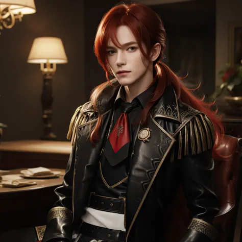 1boy, bangs, long hair, bright red hair, ponytail, hair between eyes, soft smile, leather gloves, gold trim, leather jacket, leather ascot, leather shirt, leather pants, tight-fitting suit, <lora:OnlyCocks_v1.0:0.5>, penis, erection, depth of field, gorgeous background, formal, indoors, looking at viewer, male focus, solo, masterpiece, best quality, high quality, detailed hair, detailed face, detailed skin, realistic <lora:GIDiluc·RagnvindrOC_v1.0:1>