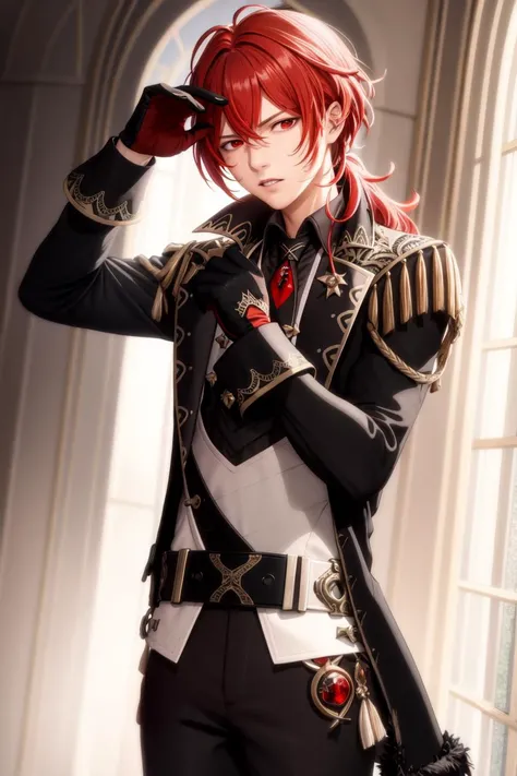 masterpiece, best quality,diluc (genshin impact), 1boy, red hair, male focus, long hair, gloves, solo, red eyes, bangs, long sleeves, looking at viewer, jacket, hair between eyes, ponytail, black gloves, black jacket, upper body, simple background,(kbxll:0.6)