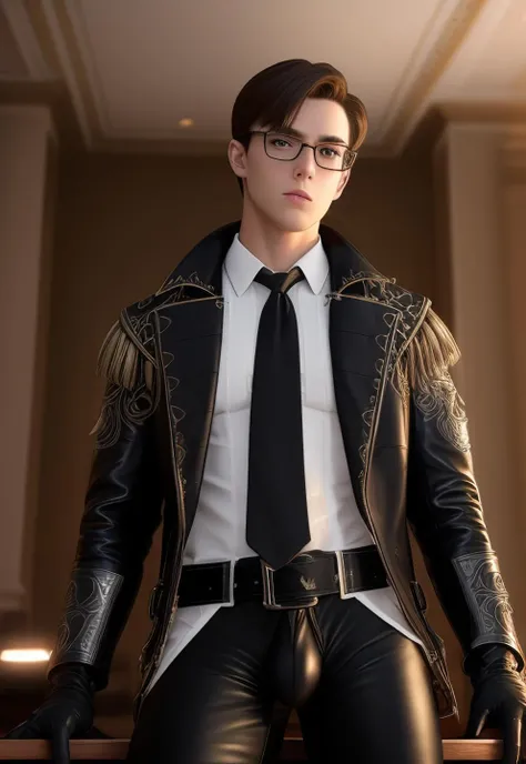 1boy, 16~20 years old, male focus, muscular male, nsfw, 3D, realistic, indoor, normal hue, central, golden ratio, sitting on the leather throne, sharp-featured body, tall, burly, highres, slender build, perfect anatomy, skin texture, thick dark buzzcut hair, see-through bangs, shallow eyebrow, symmetrical eyebrow, large bright eyes, symmetrical eyes, square gold-rimmed glasses, big straight nose, closed mouth, double-edged polearm, broad shoulders, noble attire, bdominal stretch, tight-fitting, leather collar, stand-up collared shirt, necktie, open thick glossy black leather jacket, six-pack abs, leather gloves, black trousers, leather belt, spreading long thin legs, <lora:OnlyCocks_v1.0:0.5>, large erect penis over 10 inches length and 3 inches width, erection, large scrotum with testicles, masturbation, high-heeled leather boots, soft smile, handsome, powerful, from front, looking ahead at viewer, day, masterpiece, best quality, hyper-detailed, intricate detail, professional photography, matte, bright, the most beautiful ever seen, post processing, dreamatic lighting, ambient lighting, epic composition, ultrawide shot, uplight, raytracing reflections, depth of field, gorgeous background <lora:6.GenshinImpactDilucRagnvindr_v1.0:1>