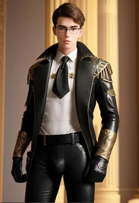 1boy, 16~20 years old, male focus, muscular male, nsfw, 3D, realistic, indoor, normal hue, central, golden ratio, sitting on the leather throne, sharp-featured body, tall, burly, highres, slender build, perfect anatomy, skin texture, thick dark buzzcut hair, see-through bangs, shallow eyebrow, symmetrical eyebrow, large bright eyes, symmetrical eyes, square gold-rimmed glasses, big straight nose, closed mouth, double-edged polearm, broad shoulders, noble attire, bdominal stretch, tight-fitting, leather collar, stand-up collared shirt, necktie, open thick glossy black leather jacket, six-pack abs, leather gloves, black trousers, leather belt, spreading long thin legs, <lora:OnlyCocks_v1.0:0.5>, large erect penis over 10 inches length and 3 inches width, erection, large scrotum with testicles, masturbation, high-heeled leather boots, soft smile, handsome, powerful, from front, looking ahead at viewer, day, masterpiece, best quality, hyper-detailed, intricate detail, professional photography, matte, bright, the most beautiful ever seen, post processing, dreamatic lighting, ambient lighting, epic composition, ultrawide shot, uplight, raytracing reflections, depth of field, gorgeous background <lora:6.GenshinImpactDilucRagnvindr_v1.0:1>