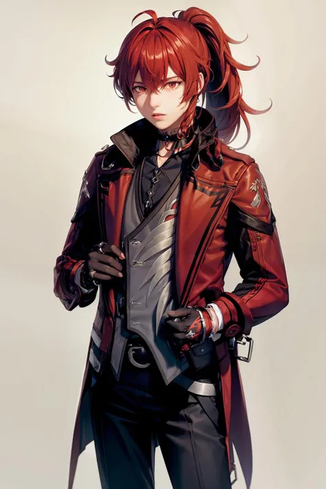 masterpiece, best quality, <lora:diluc-3:1>,1boy, long hair,ponytail,sidelocks, red hair,red eyes, choker,jewelry,gloves, black pants, belt, long sleeves, vest, coat, shirt, grey background, cowboy shot, upper body,