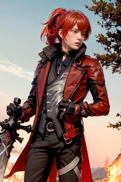 masterpiece, best quality,  <lora:diluc-3:1>,diluc (genshin impact), 1boy, long hair, male focus, red hair, weapon, sword, fire, red eyes, gloves, solo, black pants, pants, official alternate costume, ponytail, holding, bangs, belt, long sleeves, vest, coat, holding weapon, black gloves, hair between eyes, holding sword, shirt, closed mouth, sidelocks