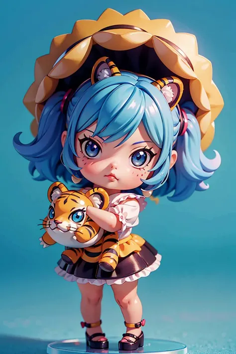 1girl, 3dmm, blindbox, portrait of chibi mollytoy toy girl wear tiger costume, blue hair, pastel background, bokeh, <lora:ARWMollytoy:1> <lora:blindbox_V1Mix:0.6>