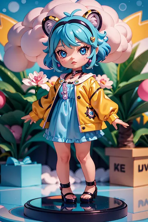 1girl, 3dmm, blindbox, portrait of chibi mollytoy toy girl wear tiger costume, blue hair, pastel background, bokeh, <lora:ARWMollytoy:1> <lora:blindbox_V1Mix:0.6>