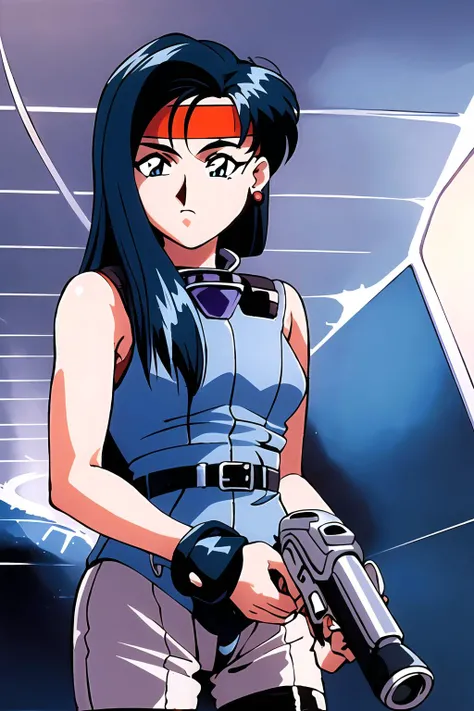(masterpiece), 1girl, makibi kiyone, standing, holding, gun, weapon, headband, battlesuit, space, stars, nebula, futuristic, metal plating, space station, cybernetic, best quality, highly detailed