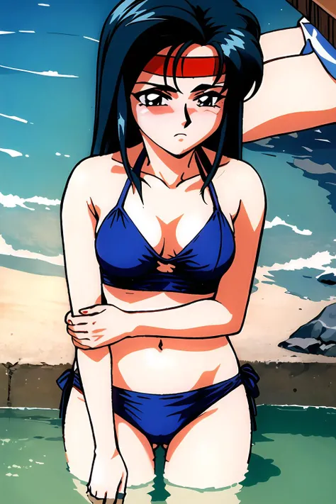 (masterpiece), 1girl, makibi kiyone, headband, bikini, blush, frown, beach, sunny, ocean