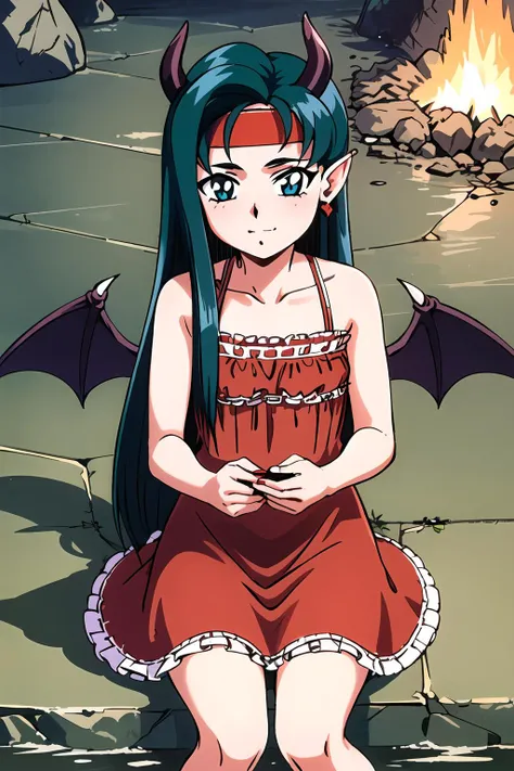 (masterpiece), 1girl, makibi kiyone, small horns, demon wings, horns, frilly red dress, demonic dress, headband, volcano, rock floor, lava, smoke, green hair, small red horns, long hair, best quality, highly detailed