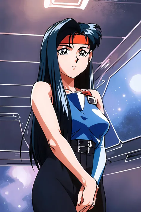 (masterpiece), 1girl, makibi kiyone, standing, headband, battlesuit, space, stars, nebula, futuristic, metal plating, space station, cybernetic, best quality, highly detailed