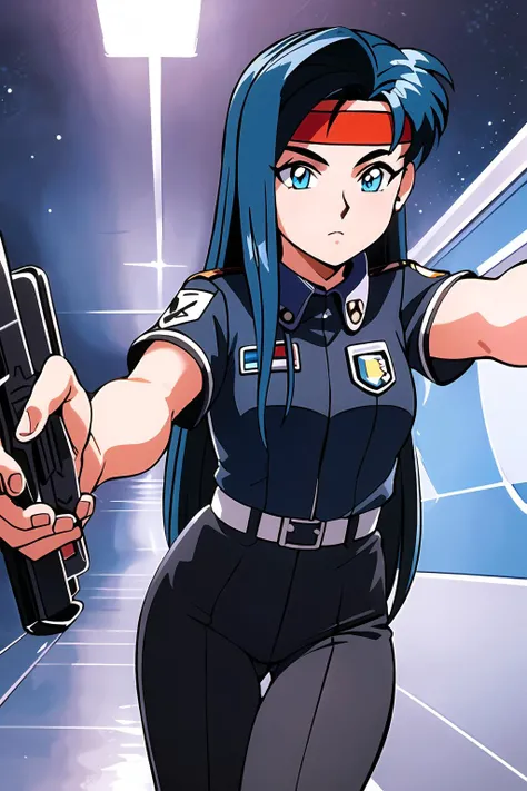 (masterpiece), 1girl, makibi kiyone, black uniform, space police uniform, badge, blue hair, headband, holding, gun, pistol, weapon, space station, futuristic, red lights, bright, reflective, highly detailed, best quality
