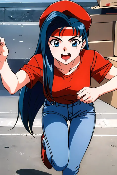 (masterpiece), 1girl, makibi kiyone, running, open mouth, city streets, blue hair, long hair, headband, cardboard box, pizza logo, red cap, red shirt, khakis, best quality, highly detailed
