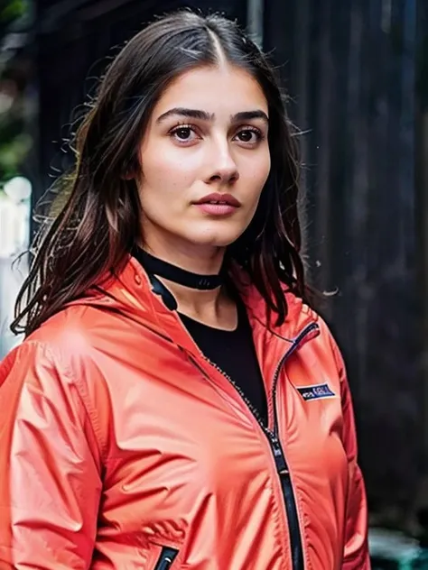 art by Greg Rutkowski, photograph, stylized, full shot of a Substantive sevda_erginci, wearing Gore-Tex, Sophisticated hair, Drab Choker, simple fluorescent pink background, Hurricane, Surprising, Gel lighting, film grain, Canon R5, Selective focus, <lora:sevda_erginci-000015:0.9>