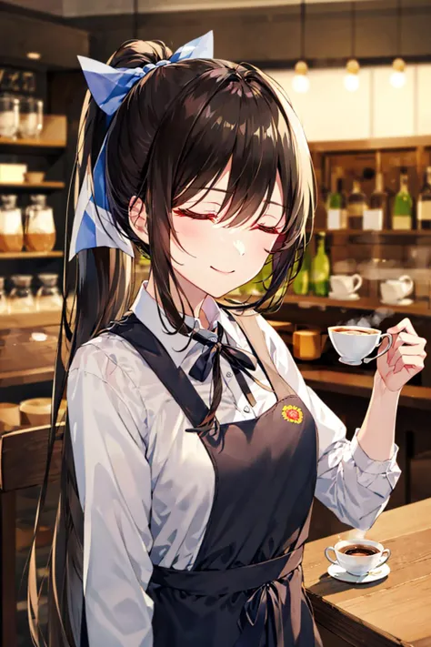 blurry, cup, depth_of_field, closed_eyes, blurry_background, long_hair, 1girl, blurry_foreground, teacup, cafe, holding_cup, white_shirt, shirt, long_sleeves, holding, pouring, solo, coffee, tea, mug, drinking_glass, very_long_hair, saucer, ribbon, smile, eyebrows_visible_through_hair, plate, alcohol, bangs, teapot, glass, horns, apron, spoon, ponytail, hair_ribbon, alternate_costume, food, indoors, collared_shirt, city_lights, upper_body, closed_mouth<lora:style_Pale:1>