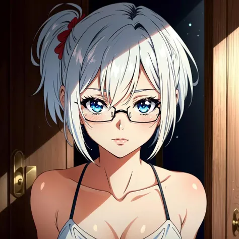 <lora:Lin Yuan:0.8> Lin Yuan, 1girl, blush, short hair, dress, solo, breasts, indoors, dutch angle, door, strap slip, looking at viewer, blue eyes, bangs, white hair, sleeveless, side ponytail, glasses, perfect lighting, ((shining face, shining body)), perfect face, make up, eye shadow, ((gorgeous)), Extremely beautiful, perfect, (masterpiece:1.2), (best quality:1.2), cinematic, perfect skin, perfect lighting, textured skin, detail, beauty, overall, hour glass body, sharp focus, ultra-detailed, illustration, perfect face, ((gorgeous)), Extremely beautiful, perfect, detailed background, seductive, alluring, ((Shonen Style)), (detailed background, intricate background:1.1), beautiful ((Extremely Detailed)), ((Best Quality)), ((Masterpiece)), ((4k))