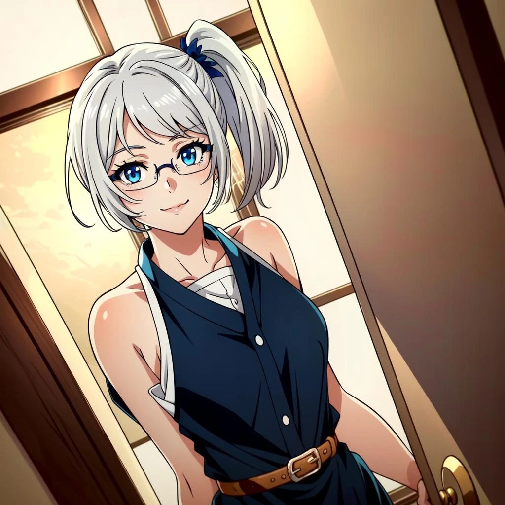 <lora:Lin Yuan:0.8> Lin Yuan, 1girl, blush, short hair, dress, solo, breasts, indoors, dutch angle, door, strap slip, looking at viewer, blue eyes, bangs, white hair, sleeveless, side ponytail, glasses, smile, perfect lighting, ((shining face, shining body)), perfect face, make up, eye shadow, ((gorgeous)), Extremely beautiful, perfect, (masterpiece:1.2), (best quality:1.2), cinematic, perfect skin, perfect lighting, textured skin, detail, beauty, overall, hour glass body, sharp focus, ultra-detailed, illustration, perfect face, ((gorgeous)), Extremely beautiful, perfect, detailed background, seductive, alluring, ((Shonen Style)), (detailed background, intricate background:1.1), beautiful ((Extremely Detailed)), ((Best Quality)), ((Masterpiece)), ((4k))