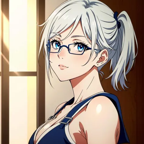 <lora:Lin Yuan:0.8> Lin Yuan, 1girl, blush, short hair, solo, breasts, indoors, dutch angle, door, strap slip, looking at viewer, blue eyes, bangs, white hair, sleeveless, side ponytail, glasses, perfect lighting, ((shining face, shining body)), perfect face, make up, eye shadow, ((gorgeous)), Extremely beautiful, perfect, (masterpiece:1.2), (best quality:1.2), cinematic, perfect skin, perfect lighting, textured skin, detail, beauty, overall, hour glass body, sharp focus, ultra-detailed, illustration, perfect face, ((gorgeous)), Extremely beautiful, perfect, detailed background, seductive, alluring, ((Shonen Style)), (detailed background, intricate background:1.1), beautiful ((Extremely Detailed)), ((Best Quality)), ((Masterpiece)), ((4k))