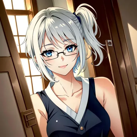 <lora:Lin Yuan:0.8> Lin Yuan, 1girl, blush, short hair, dress, solo, breasts, indoors, dutch angle, door, strap slip, looking at viewer, blue eyes, bangs, white hair, sleeveless, side ponytail, glasses, smile, perfect lighting, ((shining face, shining body)), perfect face, make up, eye shadow, ((gorgeous)), Extremely beautiful, perfect, (masterpiece:1.2), (best quality:1.2), cinematic, perfect skin, perfect lighting, textured skin, detail, beauty, overall, hour glass body, sharp focus, ultra-detailed, illustration, perfect face, ((gorgeous)), Extremely beautiful, perfect, detailed background, seductive, alluring, ((Shonen Style)), (detailed background, intricate background:1.1), beautiful ((Extremely Detailed)), ((Best Quality)), ((Masterpiece)), ((4k))