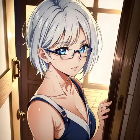 <lora:Lin Yuan:0.8> Lin Yuan, 1girl, blush, short hair, dress, solo, breasts, indoors, dutch angle, door, strap slip, looking at viewer, blue eyes, bangs, white hair, sleeveless, side ponytail, glasses, perfect lighting, ((shining face, shining body)), perfect face, make up, eye shadow, ((gorgeous)), Extremely beautiful, perfect, (masterpiece:1.2), (best quality:1.2), cinematic, perfect skin, perfect lighting, textured skin, detail, beauty, overall, hour glass body, sharp focus, ultra-detailed, illustration, perfect face, ((gorgeous)), Extremely beautiful, perfect, detailed background, seductive, alluring, ((Shonen Style)), (detailed background, intricate background:1.1), beautiful ((Extremely Detailed)), ((Best Quality)), ((Masterpiece)), ((4k))