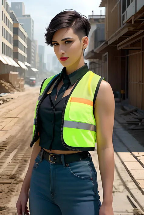 photo of (RRDB01:0.99), a woman as a construction worker, modelshoot style, (short hair, shaved sides), (extremely detailed CG unity 8k wallpaper), photo of the most beautiful artwork in the world, professional majestic oil painting by Ed Blinkey, Atey Ghailan, Studio Ghibli, by Jeremy Mann, Greg Manchess, Antonio Moro, trending on ArtStation, trending on CGSociety, Intricate, High Detail, Sharp focus, dramatic, photorealistic painting art by midjourney and greg rutkowski, (high visibility  vest:1.4), ((on a construction side)), (tight trousers), ((standing in front of half build house)), ((excavator in background)), ((busy place)), (highrise background), (outdoors:1.1), (looking at viewer), (detailed pupils:1.3), (modern outfit:1.2), (closeup), red lips, (eye shadow), dark eyeliner, (full lips:1.2), (parted lips:1.3), dim lights,  <lora:epiNoiseoffset_v2:1.3>