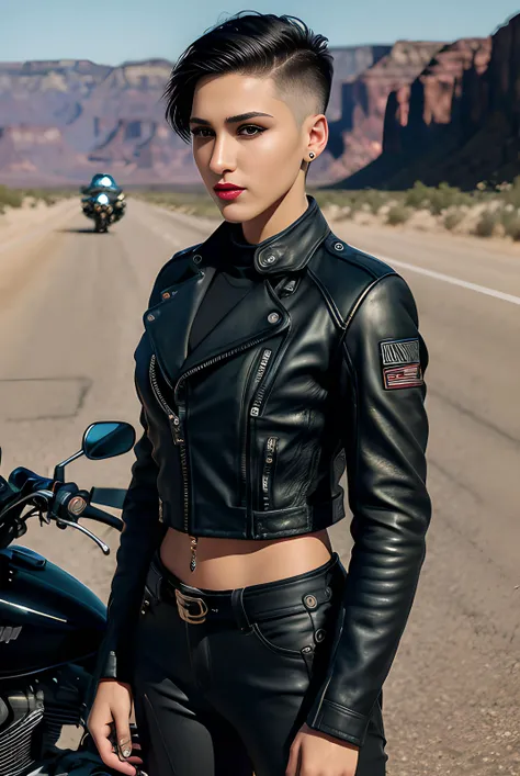 photo of (RRDB01:0.99), a woman as a biker, modelshoot style, (short hair, shaved sides), (extremely detailed CG unity 8k wallpaper), photo of the most beautiful artwork in the world, professional majestic oil painting by Ed Blinkey, Atey Ghailan, Studio Ghibli, by Jeremy Mann, Greg Manchess, Antonio Moro, trending on ArtStation, trending on CGSociety, Intricate, High Detail, Sharp focus, dramatic, photorealistic painting art by midjourney and greg rutkowski, (shoddy biker leather combination:1.4), (bra), ((Harley-Davidson)), (tight trousers), ((standing in front of a motorbike)), ((side of the road)), ((route 66)), (rocky desert in the background), (grand canyon:1.1), (looking at viewer), (detailed pupils:1.3), (modern outfit:1.2), (closeup), red lips, (eye shadow), dark eyeliner, (full lips:1.2), (parted lips:1.3), dim lights, <lora:epiNoiseoffset_v2:1.3>