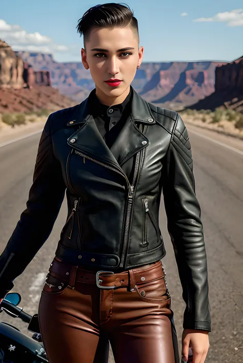 photo of (RRDB01:0.99), a woman as a biker, modelshoot style, (short hair, shaved sides), (extremely detailed CG unity 8k wallpaper), photo of the most beautiful artwork in the world, professional majestic oil painting by Ed Blinkey, Atey Ghailan, Studio Ghibli, by Jeremy Mann, Greg Manchess, Antonio Moro, trending on ArtStation, trending on CGSociety, Intricate, High Detail, Sharp focus, dramatic, photorealistic painting art by midjourney and greg rutkowski, (shoddy biker leather combination:1.4), (bra), ((Harley-Davidson)), (tight trousers), ((standing in front of a motorbike)), ((side of the road)), ((route 66)), (rocky desert in the background), (grand canyon:1.1), (looking at viewer), (detailed pupils:1.3), (modern outfit:1.2), (closeup), red lips, (eye shadow), dark eyeliner, (full lips:1.2), (parted lips:1.3), dim lights, <lora:epiNoiseoffset_v2:1.3>