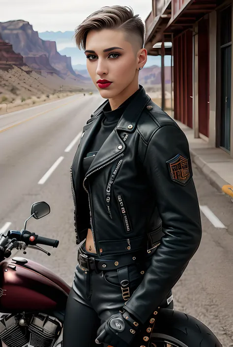 photo of (RRDB01:0.99), a woman as a biker, modelshoot style, (short hair, shaved sides), (extremely detailed CG unity 8k wallpaper), photo of the most beautiful artwork in the world, professional majestic oil painting by Ed Blinkey, Atey Ghailan, Studio Ghibli, by Jeremy Mann, Greg Manchess, Antonio Moro, trending on ArtStation, trending on CGSociety, Intricate, High Detail, Sharp focus, dramatic, photorealistic painting art by midjourney and greg rutkowski, (shoddy biker leather combination:1.4), (bra), ((Harley-Davidson)), (tight trousers), ((standing in front of a motorbike)), ((side of the road)), ((route 66)), (rocky desert in the background), (grand canyon:1.1), (looking at viewer), (detailed pupils:1.3), (modern outfit:1.2), (closeup), red lips, (eye shadow), dark eyeliner, (full lips:1.2), (parted lips:1.3), dim lights, <lora:epiNoiseoffset_v2:1.3>