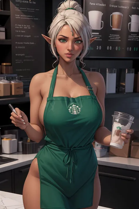 An otherworldly 3D rendering of a dark-skinned elf, ethereal and mysterious, standing in a moonlit glade. Her skin seems to shimmer with an otherworldly glow, casting a spell of enchantment. (3D Rendering:1.4), (Moonlit Glade:1.3), (Ethereal Beauty:1.2), (Otherworldly Glow:1.3), crafted by a skilled 3D artist,dark skin,starbucks, apron, barista, collarbone, cup, green_apron,(nude:0.75), lora:AishwaryaRay,<lora:MEME_iced_latte_with_breast_milk_ownwaifu:0.9> <lora:AishwaryaRay:0.8>