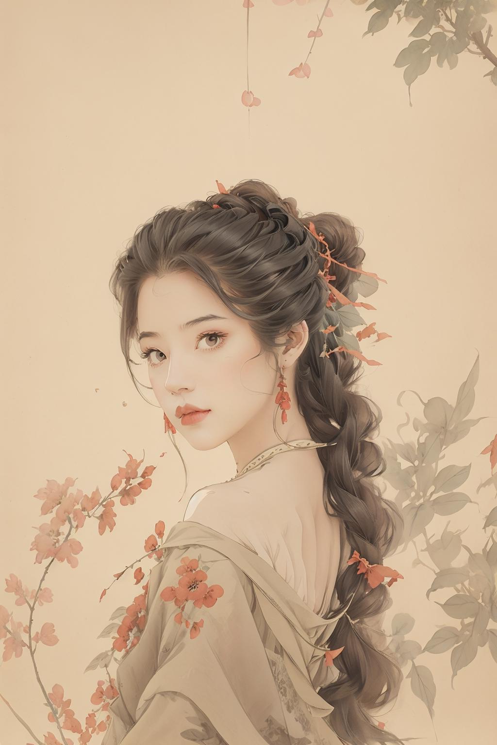 A painting of a woman with long hair and a flower in her hair - SeaArt AI