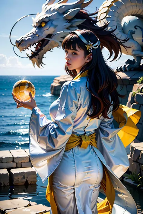 (best quality:1.2),(masterpiece:1.2),(realistic:1.3),(detailed:1.1),(photorealistic:1.4),A girl in a white robe standing on the sea,Yellow cape,The girl raised the crystal ball in her hand,love and romance,uemura shoen,light white and light blue,flowing Silk texture,(loong in behind:1.3),