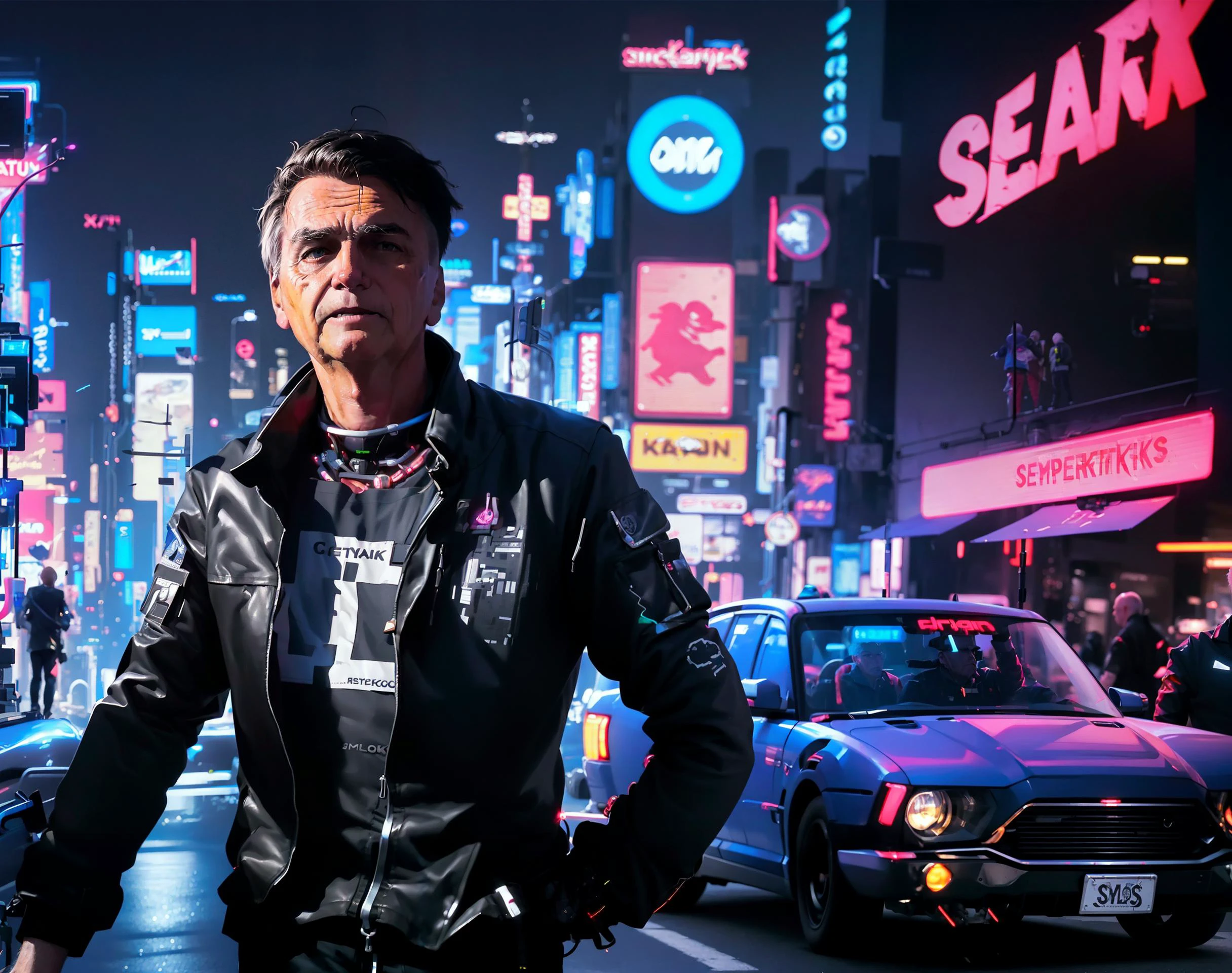 (crowded streets, people:1.6)(perspective:1.4), "1boys (old man:1.7), (muscular:1.3), (wearing jacket and pants:1.5)" :: (high_resolution:1), (masterpiece:1.2), (best_quality:1), (very_detailed:1),(hyper realistic:1),"(in streets of a futuristic neon city, futuristic cars:1.1)", "(character profile:1.7), (simple background:1.6)", "((cyberpunk:1.5), neon, wires, cables, bio_implants, cybernetics, body exposure:1.3)", <lora:bolsonaro:1> bolsonaro