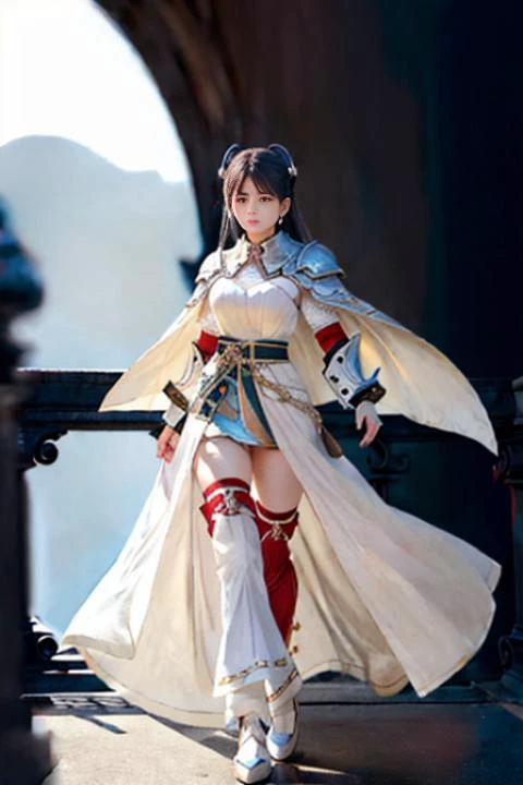 (RAW photo, photography, masterpiece, best quality, highres, original, extremely detailed 8k uhd, dslr, wallpaper),photo-realistic:1.3, HDR, highres, Depth of field, battlefield, fighting sence, beautiful face, body perfect, ,full body,<lora:warriorPrincesses_v10:0.65>,knight girl,floating hair, <lora:hanfu_v29:0.7>,hanfu,cape, hook,viel,armored dress,long dress, breasts,narrow waist,gorgeous, stockings,legwear,gorgeous armor,gauntlets, guardebras,leg armor,spurs
