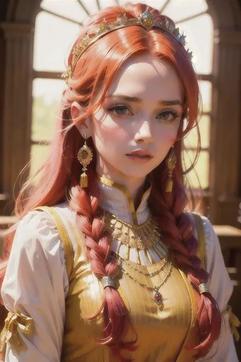 1girl, ((yellow and pink mix ancient outfit)), golden jewelries, shine necklace, glowing diamond jeweleries, ((red hair)), longest hair, high-class, kingdom, queen, palace window, sharp artwork, cinematic ambient lighting,
((perfect eyes)),((beautiful face)),(((best quality, masterpiece))),(((extreme realistic)))