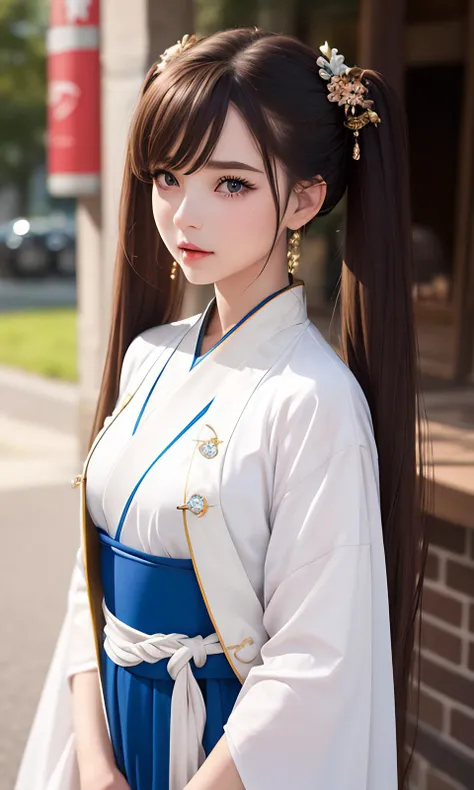 (best quality), (hyperrealistic), mh-yk, 1girl, solo, brown hair, brown eyes, , long hair, chinese clothes, twintails, outdoor, hair rings, dress, jewelry, bangs,hanfu,