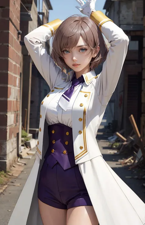 <lora:Mujina:0.7>mujina,white gloves, necktie, purple shorts, short necktie, corset, white jacket, purple necktie, light brown hair, short shorts, long sleeves, open jacket, coat, bangs
<lora:flat2:-1>mastepiece,(ultra-detailed),best quality,1girl,large breasts,sagging breasts,various pose,ruins,arms up