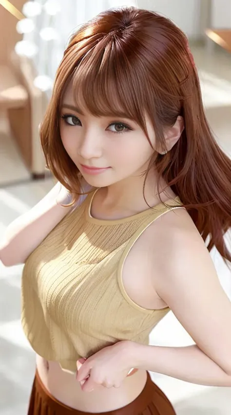 best quality, photorealistic, masterpiece, 8k, high res, solo, 1girl, (((woman))), (medium breast), ((looking at the viewer)), (looking at the camera), (medium hair), (professional lighting), top angle view, fashionable and trendy atmosphere, ((perfect female figure)), mature female, mature face, square face, japan, living room, ((daytime)), (sportwear :1.5), skirt, (portrait:0.6), seductive smile, gorgeous, floating hair, (light particles, lens flare, glowing particles:0.6), (dynamic pose:1), soft lighting, brown hair, standing , <lora:sonatamion:1>