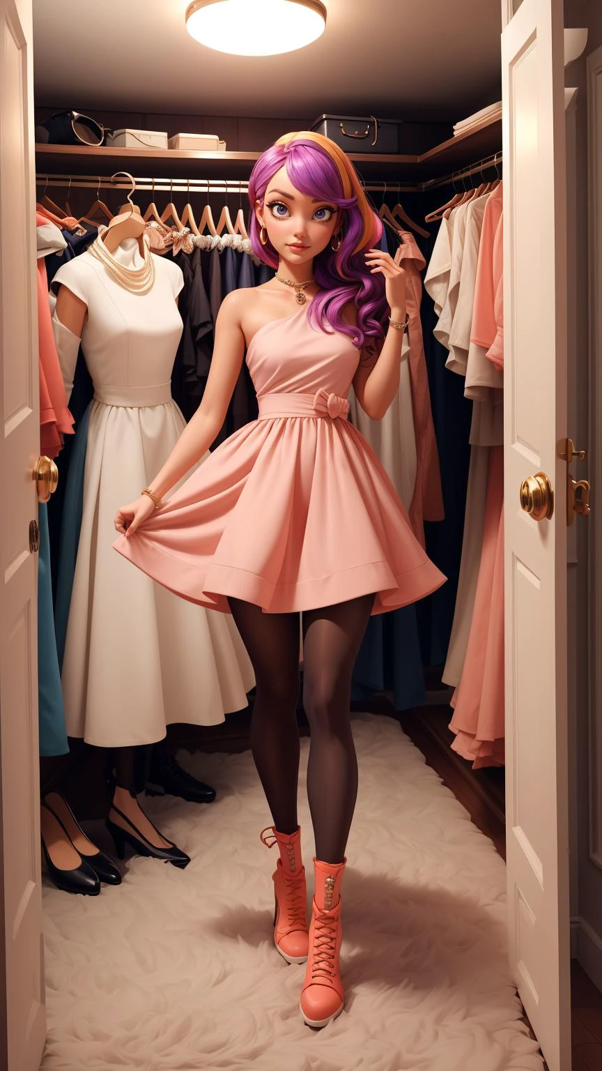 (Style: disney, pixar, 3d, animation, cartoon, ((high quality:1.2, masterpiece:1.2)), ultra sharpness, (8k resolution), absurd amount of details, atmospheric perspective, facing the camera, nsfw, sexy), "Envision a young woman with a slender build, rendered in the iconic Pixar animation style. Her appearance is imaginative and varies with each image generation, featuring expressive facial features, a range of skin tones, and vibrant hair colors. She's in the midst of a playful dress-up session inside a walk-in closet, which has been magically transformed into an intimate and glamorous space reminiscent of a Pixar movie scene. The closet, bathed in soft, ambient lighting from elegant fixtures, casts a warm glow that highlights its luxurious features and the array of clothing, shoes, and accessories, creating gentle shadows. This setting, with its plush carpet and decorative touches, exudes a cozy yet opulent atmosphere, perfect for selecting outfits.
Her wardrobe encompasses a wide range of styles and functions, from casual wear and formal attire to sportswear and innovative avant-garde pieces, each outfit uniquely changing to showcase the endless possibilities of fashion in a Pixar-inspired world. Footwear varies from stylish boots and elegant heels to comfortable flats and sneakers, each chosen to complement the outfit and setting. Jewelry options range from simple and elegant to bold and statement-making, selected to enhance the overall look.
Makeup and hairstyles are equally diverse and imaginative, with each new image presenting a look that ranges from natural and understated to dramatic and artistic, fitting the mood of the outfit and scene perfectly. The Pixar animation style brings these elements to life with its characteristic vibrancy, expressive detail, and a touch of whimsy.
Each image captures a different facet of fashion and style, reflecting creativity and versatility in clothing and personal expression, all within the captivating Pixar aesthetic. The AI is encouraged to experiment with combinations, creating a fresh and unique look every time, while the roomâs warm lighting accentuates each outfit, legwear, and shoes, showcasing her flair for fashion and attention to detail in her personal style."