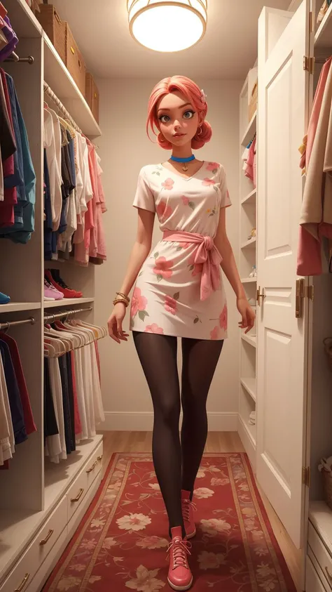 (Style: disney, pixar, 3d, animation, cartoon, ((high quality:1.2, masterpiece:1.2)), ultra sharpness, (8k resolution), absurd amount of details, atmospheric perspective, facing the camera, nsfw, sexy), "Envision a young woman with a slender build, rendered in the iconic Pixar animation style. Her appearance is imaginative and varies with each image generation, featuring expressive facial features, a range of skin tones, and vibrant hair colors. She's in the midst of a playful dress-up session inside a walk-in closet, which has been magically transformed into an intimate and glamorous space reminiscent of a Pixar movie scene. The closet, bathed in soft, ambient lighting from elegant fixtures, casts a warm glow that highlights its luxurious features and the array of clothing, shoes, and accessories, creating gentle shadows. This setting, with its plush carpet and decorative touches, exudes a cozy yet opulent atmosphere, perfect for selecting outfits.
Her wardrobe encompasses a wide range of styles and functions, from casual wear and formal attire to sportswear and innovative avant-garde pieces, each outfit uniquely changing to showcase the endless possibilities of fashion in a Pixar-inspired world. Footwear varies from stylish boots and elegant heels to comfortable flats and sneakers, each chosen to complement the outfit and setting. Jewelry options range from simple and elegant to bold and statement-making, selected to enhance the overall look.
Makeup and hairstyles are equally diverse and imaginative, with each new image presenting a look that ranges from natural and understated to dramatic and artistic, fitting the mood of the outfit and scene perfectly. The Pixar animation style brings these elements to life with its characteristic vibrancy, expressive detail, and a touch of whimsy.
Each image captures a different facet of fashion and style, reflecting creativity and versatility in clothing and personal expression, all within the captivating Pixar aesthetic. The AI is encouraged to experiment with combinations, creating a fresh and unique look every time, while the roomâs warm lighting accentuates each outfit, legwear, and shoes, showcasing her flair for fashion and attention to detail in her personal style."
