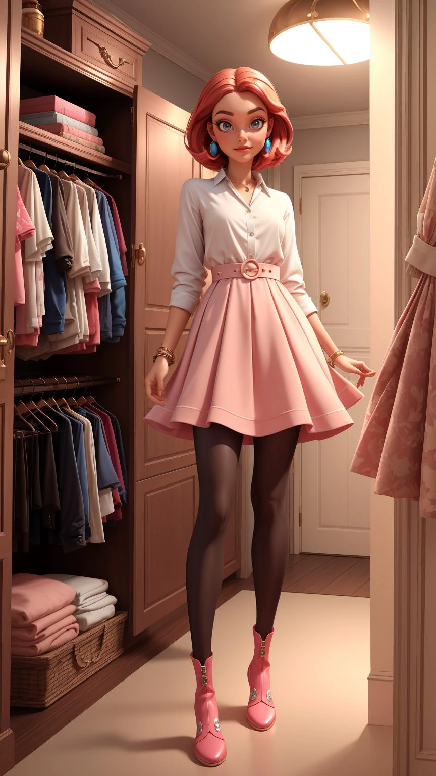 (Style: disney, pixar, 3d, animation, cartoon, ((high quality:1.2, masterpiece:1.2)), ultra sharpness, (8k resolution), absurd amount of details, atmospheric perspective, facing the camera, nsfw, sexy), "Envision a young woman with a slender build, rendered in the iconic Pixar animation style. Her appearance is imaginative and varies with each image generation, featuring expressive facial features, a range of skin tones, and vibrant hair colors. She's in the midst of a playful dress-up session inside a walk-in closet, which has been magically transformed into an intimate and glamorous space reminiscent of a Pixar movie scene. The closet, bathed in soft, ambient lighting from elegant fixtures, casts a warm glow that highlights its luxurious features and the array of clothing, shoes, and accessories, creating gentle shadows. This setting, with its plush carpet and decorative touches, exudes a cozy yet opulent atmosphere, perfect for selecting outfits.
Her wardrobe encompasses a wide range of styles and functions, from casual wear and formal attire to sportswear and innovative avant-garde pieces, each outfit uniquely changing to showcase the endless possibilities of fashion in a Pixar-inspired world. Footwear varies from stylish boots and elegant heels to comfortable flats and sneakers, each chosen to complement the outfit and setting. Jewelry options range from simple and elegant to bold and statement-making, selected to enhance the overall look.
Makeup and hairstyles are equally diverse and imaginative, with each new image presenting a look that ranges from natural and understated to dramatic and artistic, fitting the mood of the outfit and scene perfectly. The Pixar animation style brings these elements to life with its characteristic vibrancy, expressive detail, and a touch of whimsy.
Each image captures a different facet of fashion and style, reflecting creativity and versatility in clothing and personal expression, all within the captivating Pixar aesthetic. The AI is encouraged to experiment with combinations, creating a fresh and unique look every time, while the roomâs warm lighting accentuates each outfit, legwear, and shoes, showcasing her flair for fashion and attention to detail in her personal style."