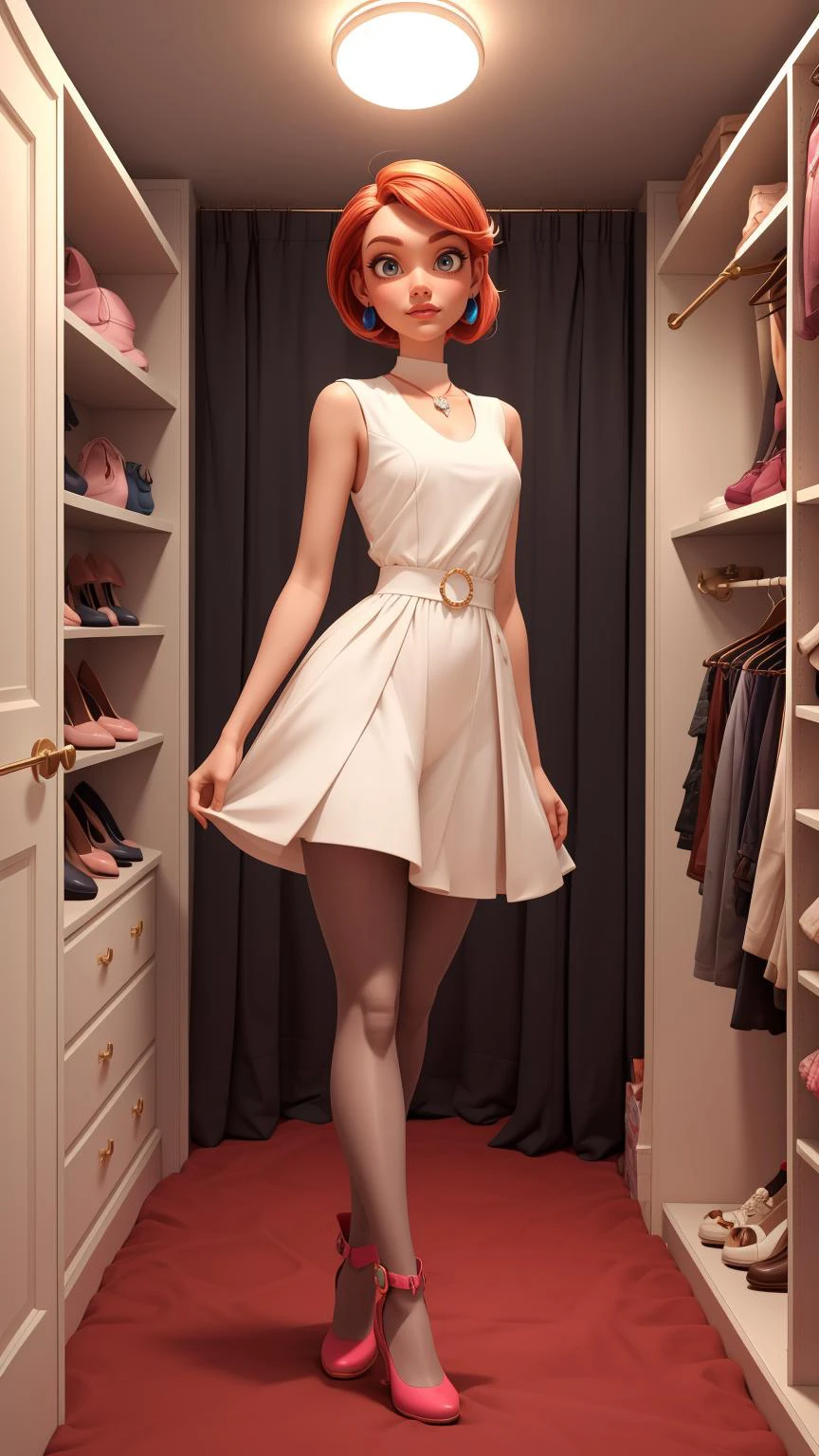 (Style: disney, pixar, 3d, animation, cartoon, ((high quality:1.2, masterpiece:1.2)), ultra sharpness, (8k resolution), absurd amount of details, atmospheric perspective, facing the camera, nsfw, sexy), "Envision a young woman with a slender build, rendered in the iconic Pixar animation style. Her appearance is imaginative and varies with each image generation, featuring expressive facial features, a range of skin tones, and vibrant hair colors. She's in the midst of a playful dress-up session inside a walk-in closet, which has been magically transformed into an intimate and glamorous space reminiscent of a Pixar movie scene. The closet, bathed in soft, ambient lighting from elegant fixtures, casts a warm glow that highlights its luxurious features and the array of clothing, shoes, and accessories, creating gentle shadows. This setting, with its plush carpet and decorative touches, exudes a cozy yet opulent atmosphere, perfect for selecting outfits.
Her wardrobe encompasses a wide range of styles and functions, from casual wear and formal attire to sportswear and innovative avant-garde pieces, each outfit uniquely changing to showcase the endless possibilities of fashion in a Pixar-inspired world. Footwear varies from stylish boots and elegant heels to comfortable flats and sneakers, each chosen to complement the outfit and setting. Jewelry options range from simple and elegant to bold and statement-making, selected to enhance the overall look.
Makeup and hairstyles are equally diverse and imaginative, with each new image presenting a look that ranges from natural and understated to dramatic and artistic, fitting the mood of the outfit and scene perfectly. The Pixar animation style brings these elements to life with its characteristic vibrancy, expressive detail, and a touch of whimsy.
Each image captures a different facet of fashion and style, reflecting creativity and versatility in clothing and personal expression, all within the captivating Pixar aesthetic. The AI is encouraged to experiment with combinations, creating a fresh and unique look every time, while the roomâs warm lighting accentuates each outfit, legwear, and shoes, showcasing her flair for fashion and attention to detail in her personal style."