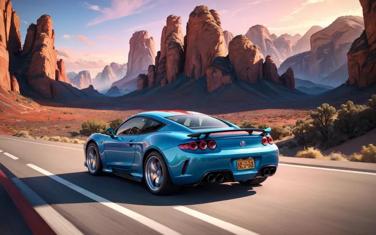 (Style: Disney, pixar Style, 3d, photo, Dramatic Lighting, trending on artstation, ((high quality:1.2, masterpiece:1.2)), (8k resolution), high details, incredibly absurdres, color connection, colorized, colorful, landscape, GTA style, away from viewer),
((one fast car from behind, driving in the sunset))