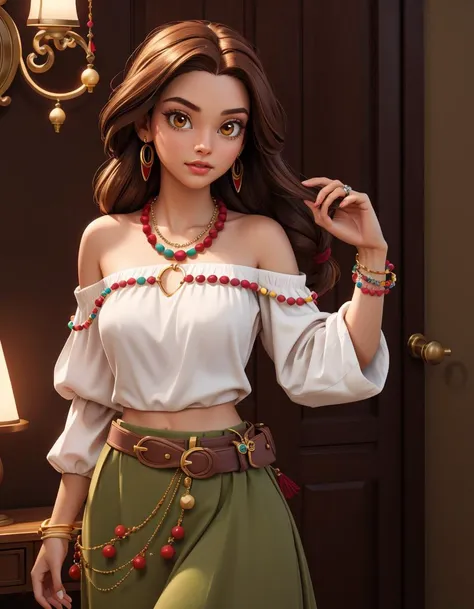 (Style: Disney, pixar Style, 3d, cartoon, photo, Dramatic Lighting, trending on artstation, ((high quality:1.2, masterpiece:1.2)), (8k resolution), high details, incredibly absurdres, color connection, colorized, colorful, atmospheric perspective, looking at viewer, sexy, nsfw),
20 year old, female, brown eyes, olive skin, chestnut brown hair, partially braided with beads of many colors, thin frame, white off-the-shoulder top, maroon skirt, various accessories such as bead necklaces, bangles and rings.