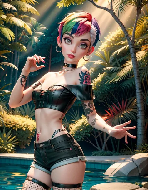 Disney, Pixar (Style: Disney, pixar Style, 3d, cartoon, photo, Dramatic Lighting, trending on artstation, ((high quality:1.2, masterpiece:1.2)), (8k resolution), high details, incredibly absurdres, color connection, colorized, colorful, atmospheric perspective, looking at viewer, (3/4 body shot:1.2)),
(1girl: lamia, (big eyes), pale skin, (multicolored hair), pixie cut, pierced ears, tattoos),
(wearing: choker, off shoulder top, (shorts), fishnet stockings),
(backround: (forest swimming pool))