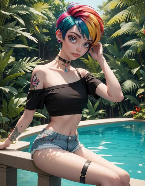 Meisterwerk, High quality, Depth of field, Dramatisches Licht, Bester Schatten, Beste Ausleuchtung, (Hintergrundbeleuchtung), 8K, nice lighting, best quality, hight resolution, Weiblicher Fokus, 1girls, Barbie,. an angry face, Sommersprossen, Bikini, sexy body, aufgeblasene Karosserie, CarDoggy, PEselpose, Esel, feet , kleine Statur, fluffy light green hair with black butterfly bows,
