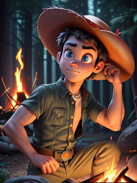 ((Pixar:1.2)(3D))((color image, details, 8k hdr,)), (Disney:0.9)(Pixar:1.4)(Cartoon:1.2)
Ultra-detail, (highres:1.1), best quality, (masterpiece:1.3), cinematic lighting,
(an attractive young outdoor hero, detailed shaved face, manly, trustful, flirty, outdoor survival, open shirt, toned muscles, fit, campfire, inviting viewer, big eyes, (dark wide brim hat), small campfire)
