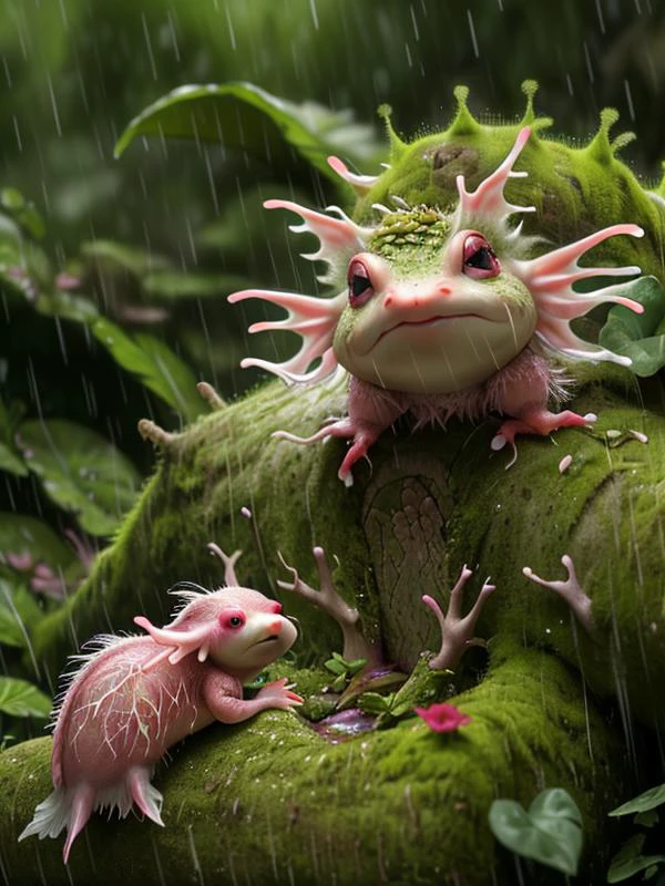 close up of mossy log, detailed forest background, (rain) , wet mossy surroundings, octane render, (axolotl, mossy log, vast nature:1.3) , shallow depth of field, heroic, flora, realism, (hyperdetailed:1.2) , (Photorealistic:1.2) , cinematic Lighting, (detailed background visible:1.2) , (bioluminescent:1.1) , (At heart composition) , (captivating photograph:1.1)
