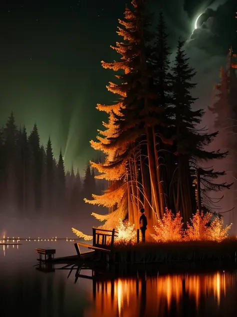Disney, Pixar (Style: ((high quality:1.2, masterpiece:1.2)), (8k resolution), high details, incredibly absurdres, color connection, colorized, colorful),
linquivera, Ink illustration, (anime:0.5), brown tones, aged black red paper, inkpunk, moonlight, ink stains, ink splashes, drips, surreal, a man standing on a dock in swampy wetlands, (at a distance), Will-o'-the-wisp, moonlit, lonely, solitude, windy, tall trees, willows, willowy, OverallDetail, extremely detailed, UHD,(long exposure , dystopian but extremely beautiful:1.4),