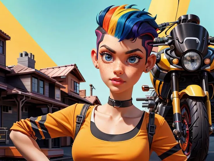 Disney, Pixar Disney, Pixar (Style: trending on artstation, ((high quality:1.2, masterpiece:1.2)) , (8k resolution) , high details, incredibly absurdres, color connection, colorized, colorful, sexy, nsfw, seductive,wide lens, 3/4 body shot)
(1girl, 25 years old, big eyes, latina face, freckles, (short hair, shaved sides:1.2), multicolored hair, medium breasts)
<lora:ConstructionyardAIV3:0.8> (backround: constructionyardai, house)