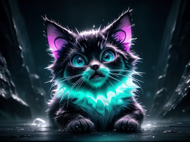 (disney:0.2), (cartoon:0.1), (pixar:0.4), (3D:1.2),
(UHD:1.1), (detailed background visible:1.2),
close up of wet kitten, wet fur,,
<lora:AbyssalTech:0.85> abyssaltech , dark energy, ethereal, dissolving, see-through, abyss,,
(Style: subsurface scattering, (pui), analog style, realistic, film photography, highres photo, cinematic Lighting, trending on artstation),(Photorealistic:1.2),
(detailed), sharp, HDR, high quality, good resolution, maximalist, masterpiece,