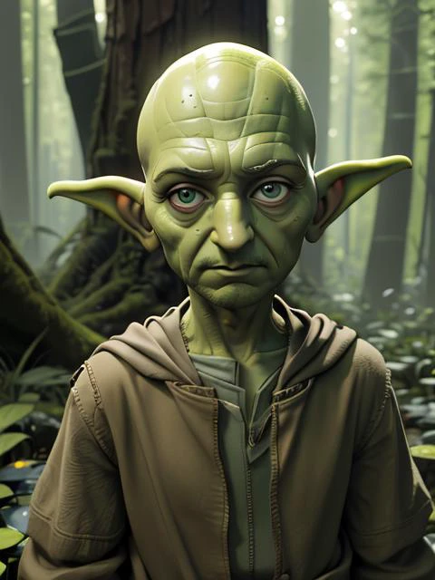 (disney:1.1)(pixar:1.3)(cartoon:1.1)(3D:1.1)
1boy:(Ben Kingsley:1.3) as (Yoda:1.05),(green skin) in a vast wilderness, forest,
face:(Ben Kingsley:1.5), facial details,
Photorealistic, Hyperrealistic, analog style, realistic, film photography, background visible, scenic swamp view.