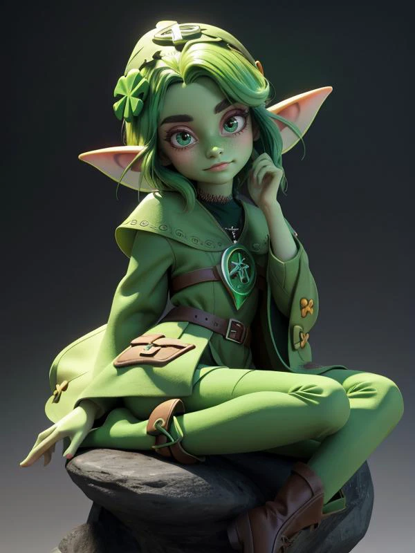 Disney, Pixar (Style: 3d, trending on artstation, ((high quality:1.2, masterpiece:1.2)) , (8k resolution) , high details, incredibly absurdres, color connection, colorized, colorful, (celtic:1.3) , ireland, Saint Patrick's Day, imp, goblin, four leaf clover) , designed by Tibor Nagy, fashion editorial of a Evocative Attractive ,plain, mundane, boring, muted colors Wide view, dripping green and Gradient, drab